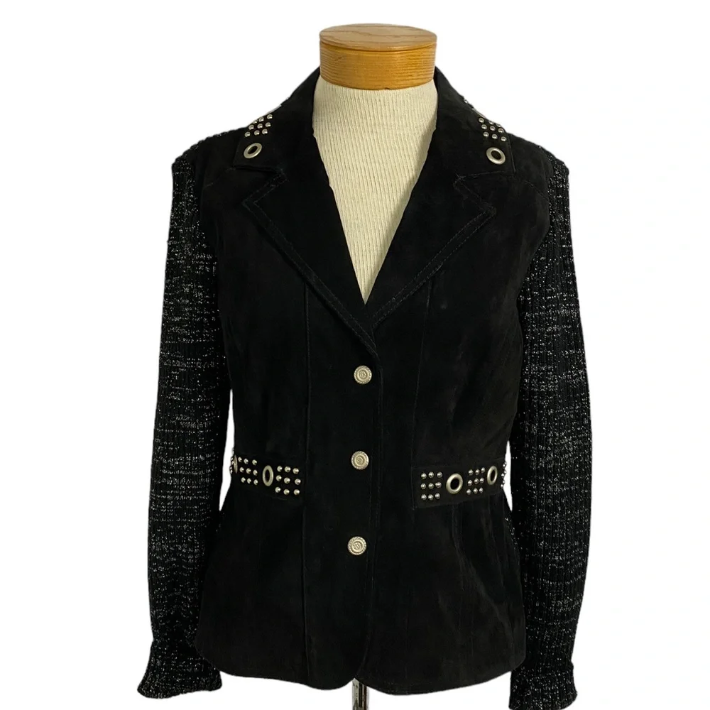 AMI Suede Leather Sweater Biker Jacket Blazer Black Silver Accents Med._3